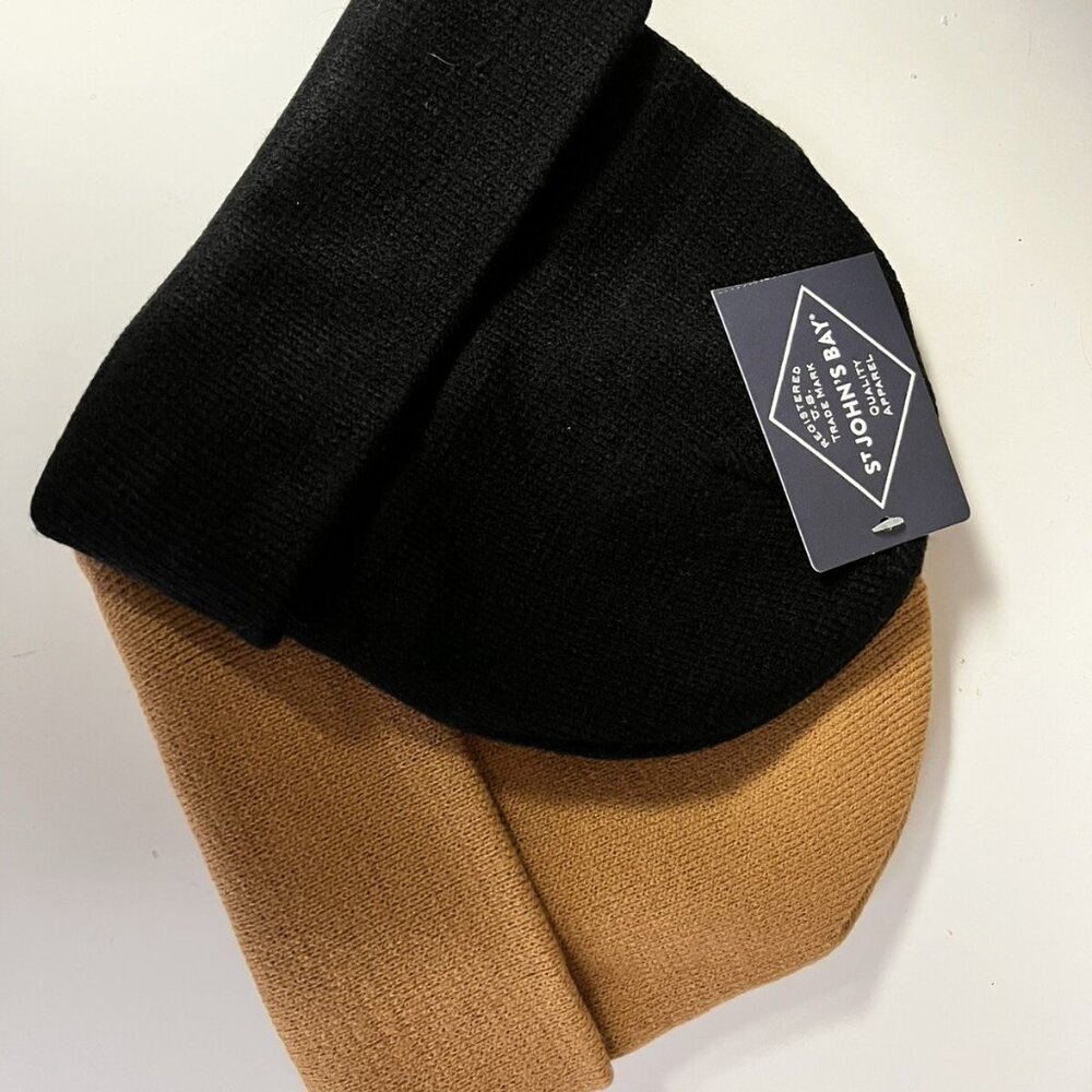St. John’s Bay Beanie 2 Pack Black Tan new with tags